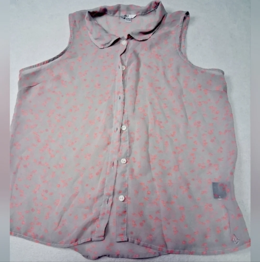 Volcom Sleeveless Sheer Button-Down Shirt - Gray and Pink Floral - Picture 5 of 5